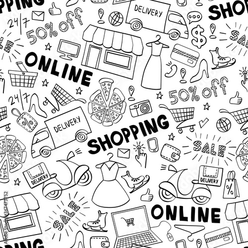 Online shopping hand drawn seamless pattern with lettering. Doodle e-commerce background. Vector illustration.
