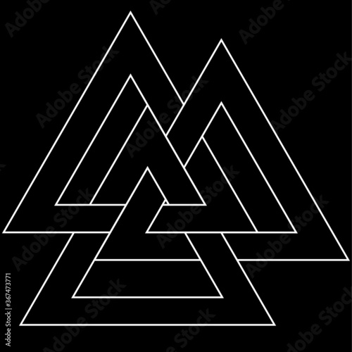 Valknut interlocking triangle magic sacred symbol from norse heathen religion in white on black background