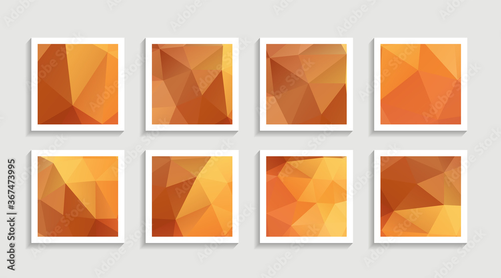 Modern mosaic low poly artwork poster set with simple shape and figure. Abstract minimalist pattern design style for web, banner, business presentation, branding package, fabric print, wallpaper.