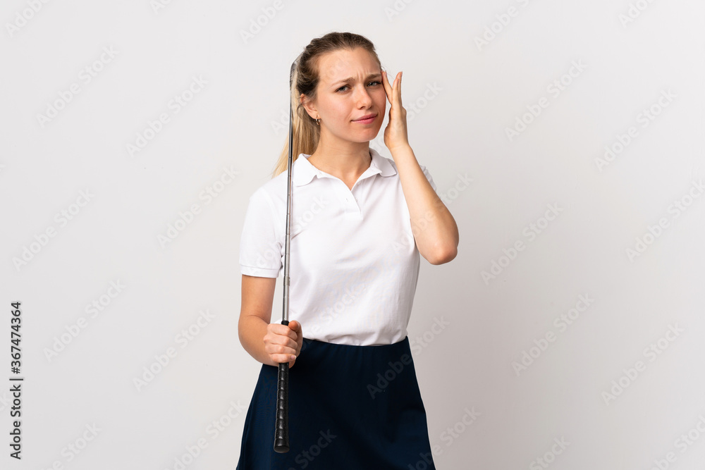 Young golfer woman over isolated white background unhappy and frustrated with something. Negative facial expression Young golfer woman over isolated white background unhappy and frustrated with something. Negative facial expression