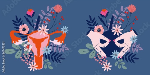 Illustration of an uterus with flowers, hands shaping an uterus
