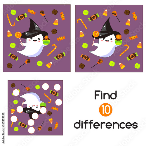 Halloween ghosts with candy. Find the differences educational children game. Kids activity fun page