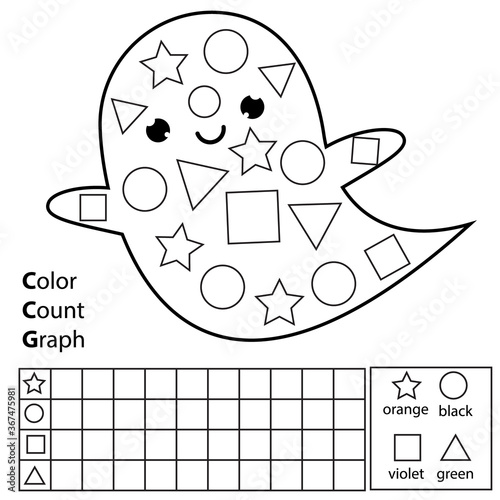 Color, count and graph. Educational children game. Color Halloween cute ghost and counting shapes. Printable worksheet for kids and toddlers