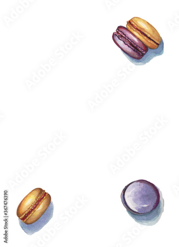 red blue macaroons frame on a white background