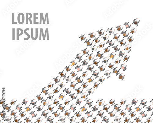 A group of businessmen and a businesswoman in the shape of an arrow. Top view. Crowded people vector arrow symbol. View from above. Way to success business concept. 