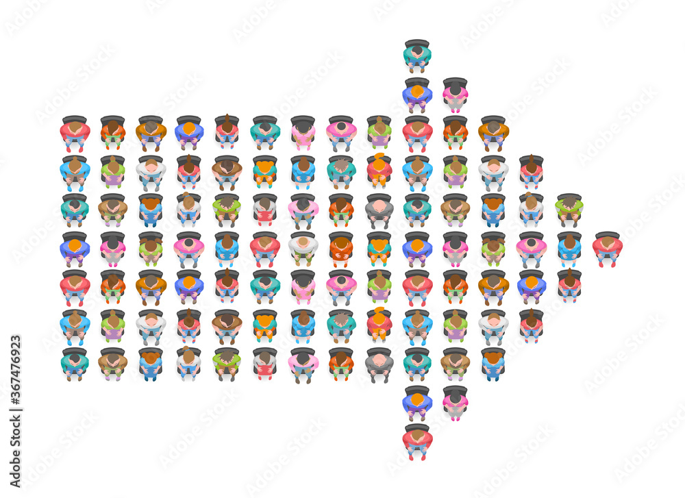People sit in the shape of an arrow. Top view. People, men, women sit in chairs in the audience. View from above. People sit in the shape of an arrow. Top view. People, men, women sit in chairs in the audience. View from above.
