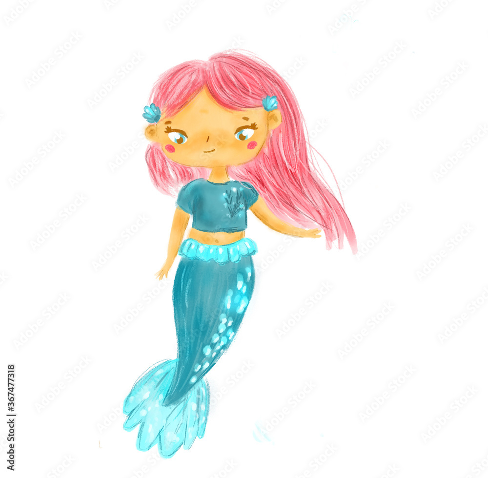 Cute mermaid in t-shirt. Artistic illustration for fashion prints, kids clothes and apparel Cute mermaid in t-shirt. Artistic illustration for fashion prints, kids clothes and apparel