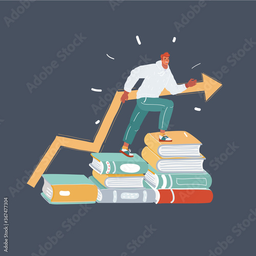 Cartoon illustration of education success. Man step man on stack of books on dark background. Training, growth, education concept.