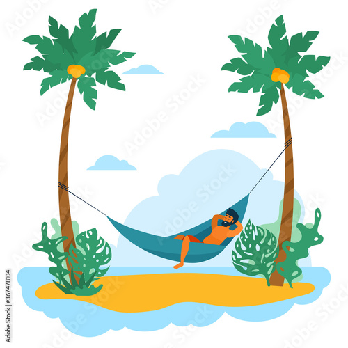 Swarthy man is relax in hammock among palm