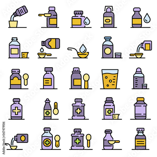 Cough syrup icons set. Outline set of cough syrup vector icons thin line color flat on white
