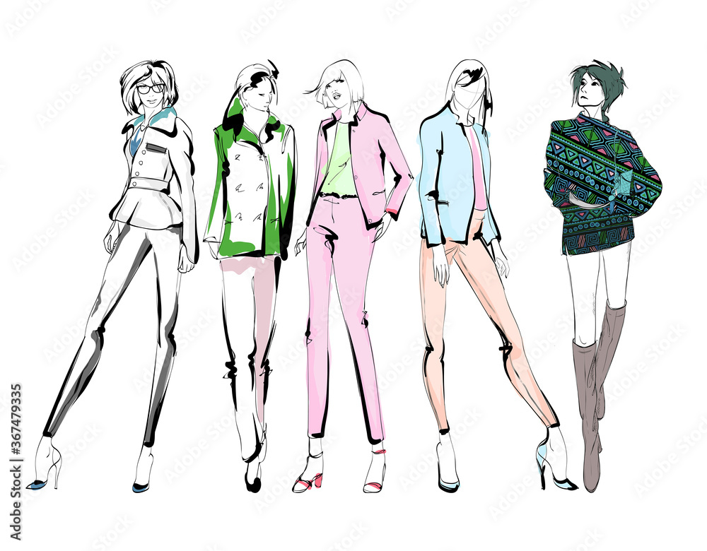Beautiful young women in modern style.. Hand drawn stylish woman portrait. Fashion lady. Festive outfit. Sketch. Fashion model posing in dress. Hand drawn fashion woman. Beautiful young women in modern style.. Hand drawn stylish woman portrait. Fashion lady. Festive outfit. Sketch. Fashion model posing in dress. Hand drawn fashion woman.