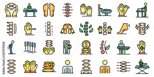 Osteopathy icons set. Outline set of osteopathy vector icons thin line color flat on white