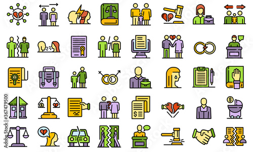 Divorce icons set. Outline set of divorce vector icons thin line color flat on white