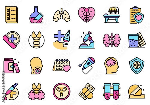 Endocrinologist icons set. Outline set of endocrinologist vector icons thin line color flat on white