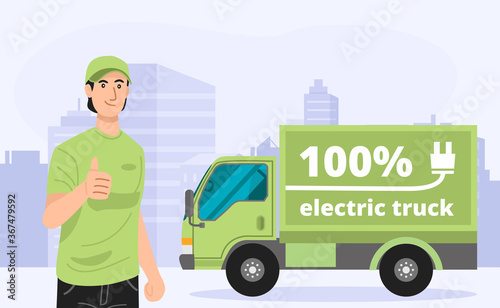 Illustration of green electric truck with a delivery man. Vector