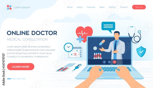 Online medical consultation and support services concept. Online healthcare and medical advise. Tele medicine e-health service. Doctor videocalling on laptop screen. Colourful flat vector illustration