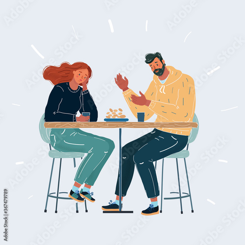 Cartoon illustration of Worried couple. Friendly support concept. Man and woman sit in cafe at table on white background. Sad conversation, the gap.