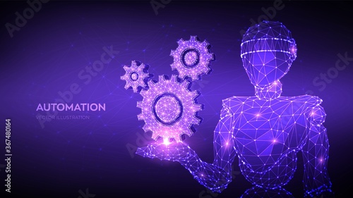 Gears. Mechanical technology machine engineering symbol in hand. Abstract 3d low polygonal robot holding gears. RPA. Industry development, engine work, business solution concept. Vector illustration.