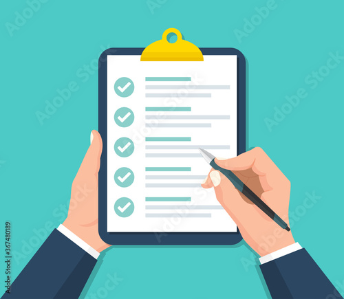 Businessman hands holding clipboard with checklist in a flat design