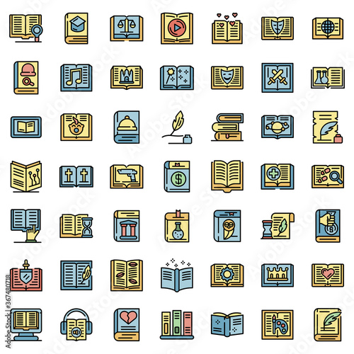 Literary genres icons set. Outline set of literary genres vector icons thin line color flat on white