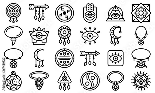 Amulet icons set. Outline set of amulet vector icons for web design isolated on white background