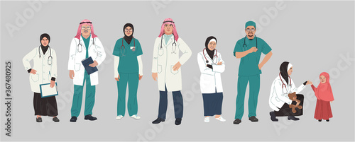 Medical Characters Portraits. Middle Eastern Medics. Arab doctors and nurses portraits, team of doctors concept. Muslim modern flat vector concept digital people vector illustration
