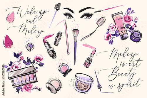Makeup tools and lettering. Vector fashion illustrations with watercolor style paint splashes. Stylish and beautiful graphic on white background. Design for logo, t shirt and uniform for beauty salon