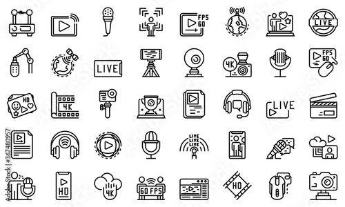 Stream icons set. Outline set of stream vector icons for web design isolated on white background