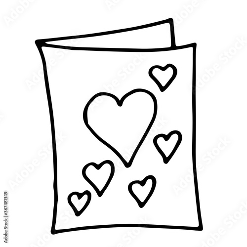 Illustration greeting card with hearts for Valentine's Day.  Doodle style drawn by outline.  Isolated drawing on a white background.  Vector.