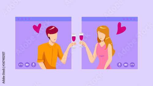 Online date and video date concept, a woman and a man in video call. Modern dating with chat application or online platform. Social distance and isolation vector illustration flat design