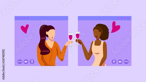 Online date and video date concept, women couple in video call. Modern dating with chat application or online platform. Social distance, isolation and LGBT concept vector illustration flat design