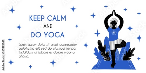 Banner for web page template. Meditation  yoga classes online advertising. Dark skinned afro girl doing asana at home on the rug. Relaxing exercises for mental health. Stock vector flat illustration.