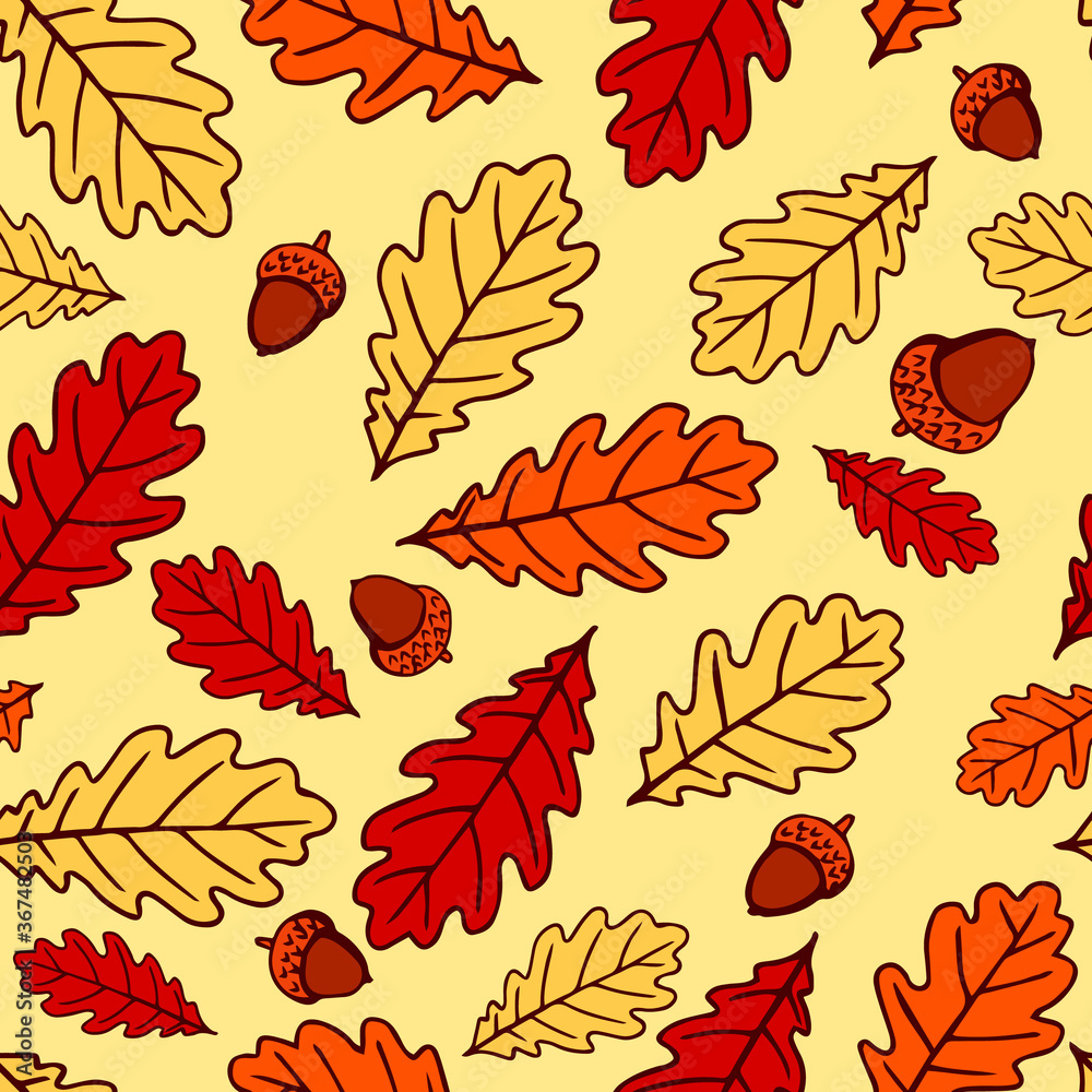 Obraz premium Seamless pattern with acorns and autumn oak leaves in orange, beige, brown and yellow. Perfect for wallpaper, gift paper, pattern fills, web page background, autumn greeting cards.