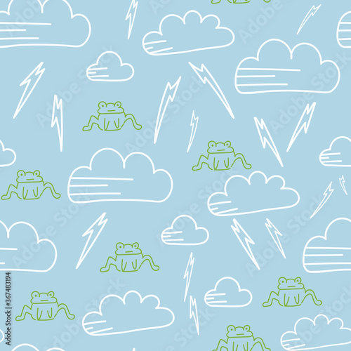 Vector line drawing frogs and clouds seamless pattern. Perfect for wallpaper, scrapbooking and fabric.