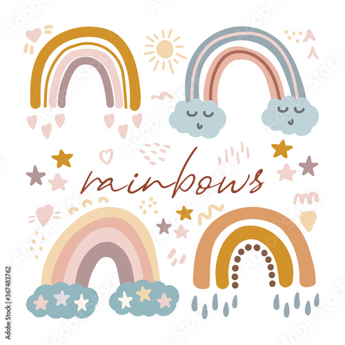 Vector set of adorable rainbows clipart in trendy Scandinavian style. Funny, cute, hygge illustration for poster, textile, decoration kids playroom or greeting card. Hand drawn prints and doodle.