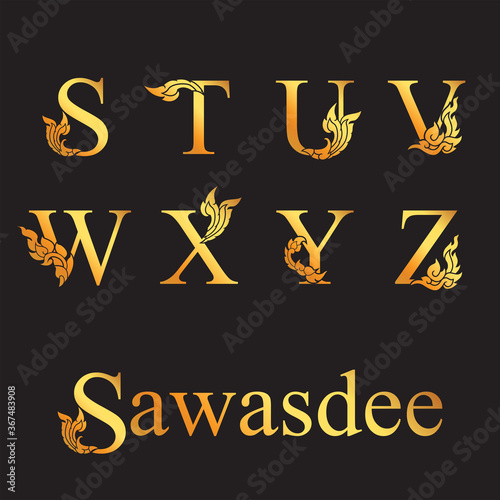 Golden elegant letter S, T, U, V, W, X, Y, Z with Thai art elements. Vector