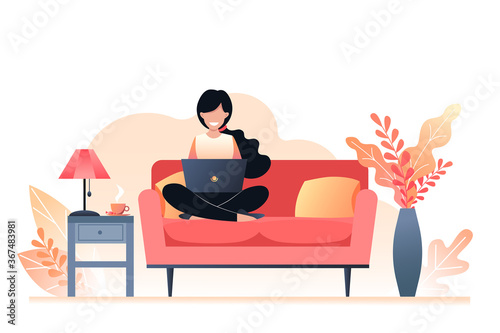 The girl is sitting on the couch and holding a laptop. Freelance and learning at home. Autumn interior room. Vector illustration