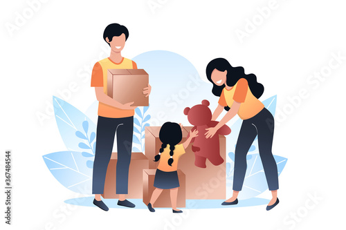 International day of charity. A woman gives a bear to a child. Young man holding a box for charity. Vector illustration in flat style