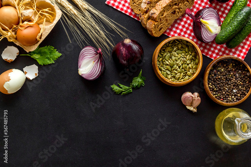 Country dinner table with fresh homemade food. Overhead view