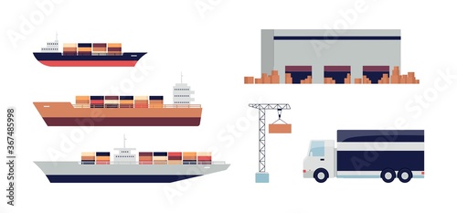 Cargo ship and other import transport set - industrial ships, warehouse, crane photo
