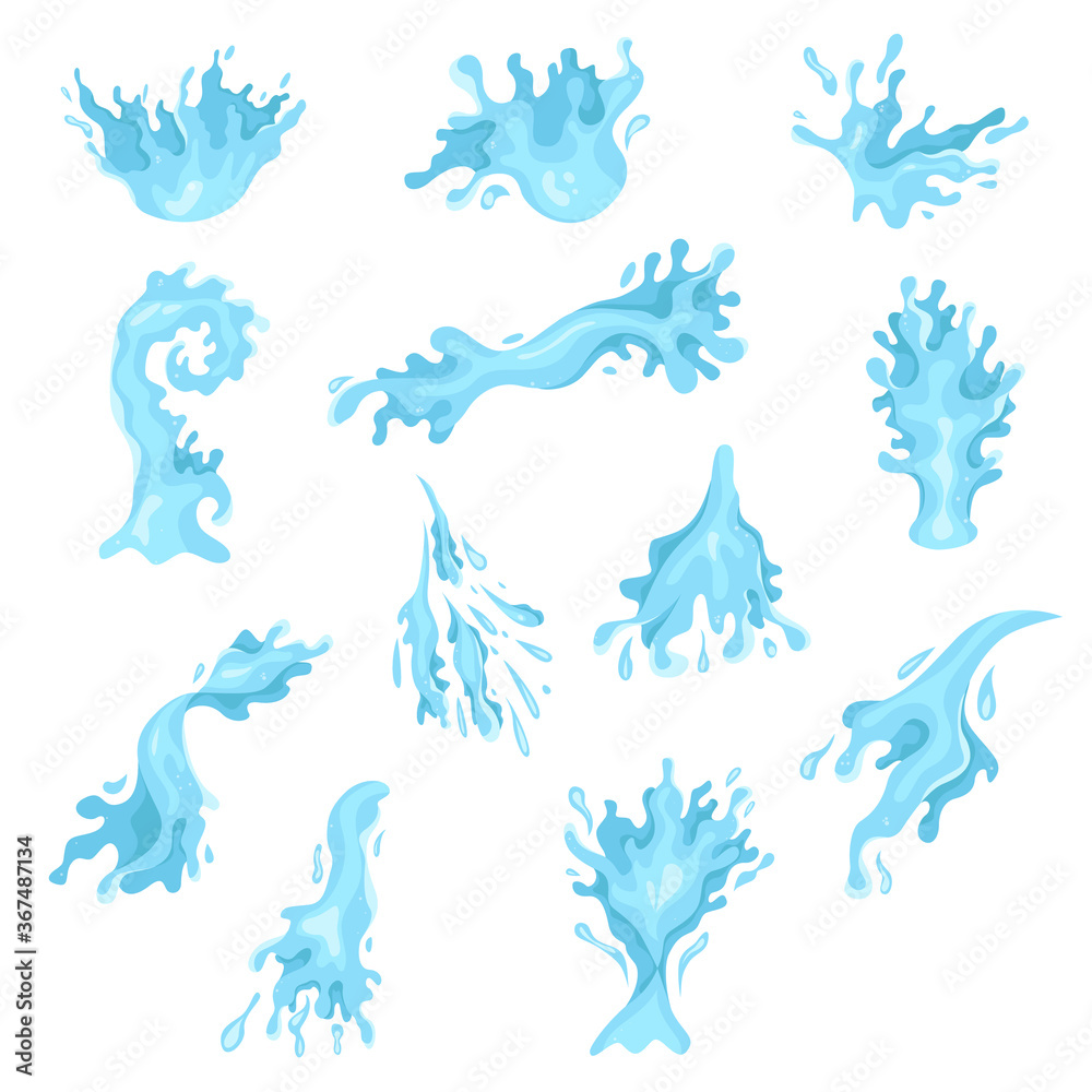 Cartoon Waves and Splashes Blue Water Set. Vector Cartoon Waves and Splashes Blue Water Set. Vector