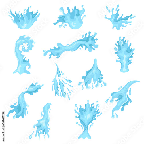 Cartoon Waves and Splashes Blue Water Set. Vector