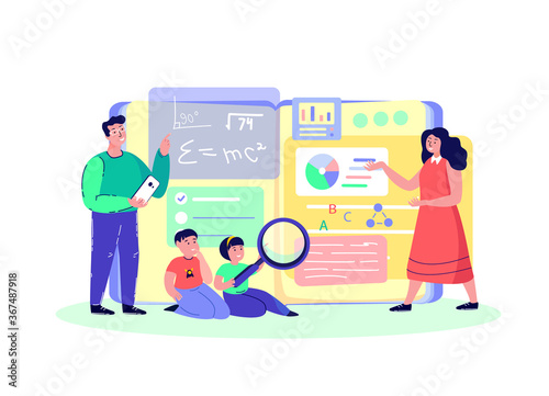 Family Online Education for Children.Parents,Mother,Father, Children Students Kid Study,Homework.Lesson with Family.Digital Learning.Home Schooling. Pupil Study,Internet Book. Flat Vector Illustration