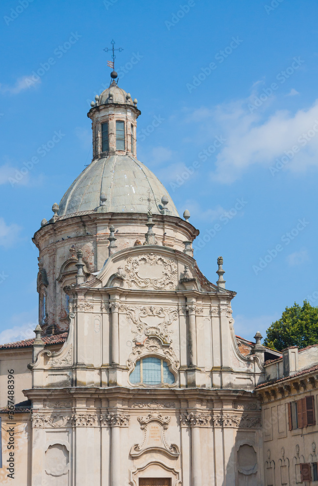 Santa Caterina (Saint Catherine) baroque style church with elliptical dome under blue sky in Casale Monferrato, Piedmont, Italy
