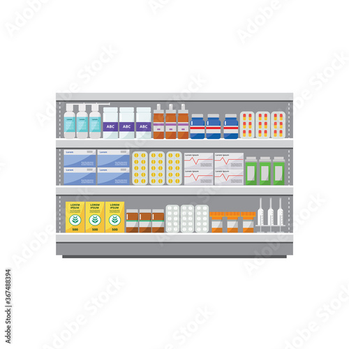 Shelves with medicines, pills and tablets in a pharmacy, a drugstore and medical store o shop.