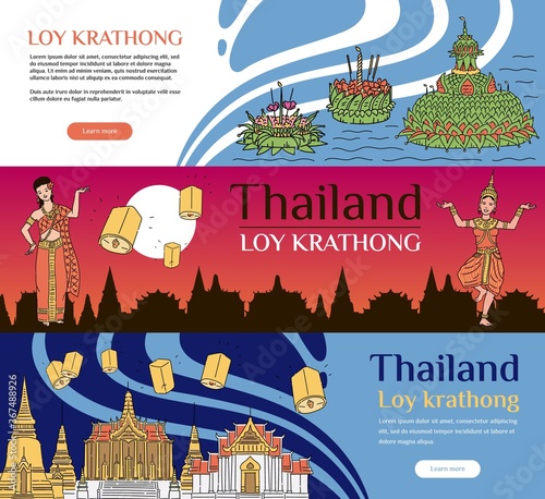 Set of banner and flyer template for Loy Krathong celebration.