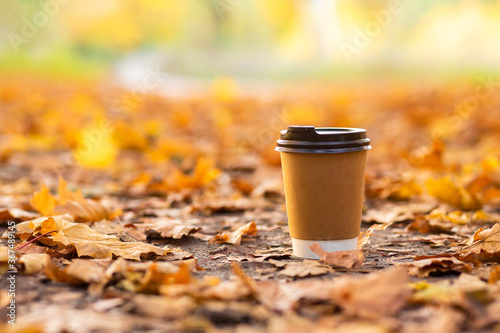 Walk with a cup of hot cocoa in the autumn park. Craft cup of coffee on the road with yellow fallen leaves