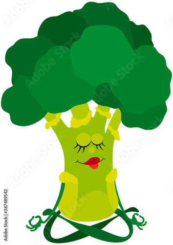 Vegetable yoga broccoli / Cartoon broccoli practicing yoga in lotus pose
