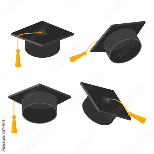 Set of graduation cap. Academic hat with tassel isolated on white background. Vector symbol  illustration in flat style. Design for card, banner, logo, concept education