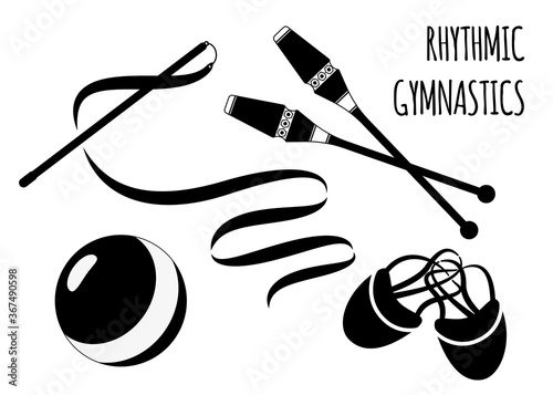 Items for rhythmic gymnastics. Vector set, isolated. Black on a white background.